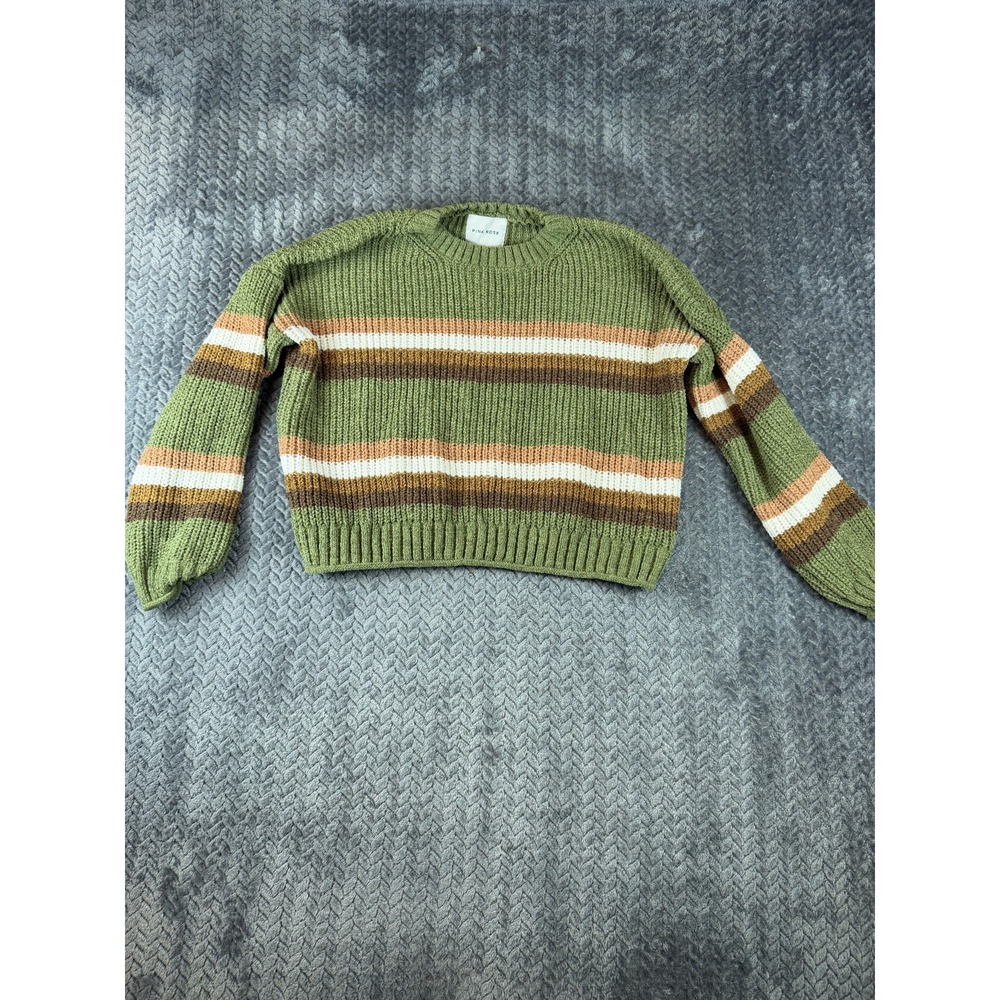 Pink Rose Sweater Womens Medium Olive Green Striped Chunky Knit Boxy Pullover